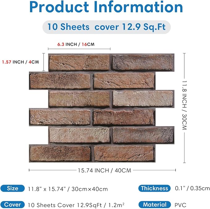 COMSTICKC 3D Peel and Stick Faux Brick Wall Panels for Quick DIY Wall Decor | Brown, 10 Pcs 15.7" x 11.8", Not Real Brick, Lightweight Thin PVC Decorative Wall Sticker for Wall Makeover,Cover 12.9 sq ft - Image 5