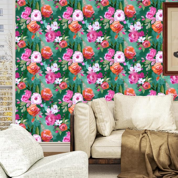 BOKEBEVE Floral Wallpaper Peel and Stick Boho Bright Green 17.5 x 118In | Removable Self Adhesive Renter Friendly Colorful Watercolor Wall Paper for Bedroom Bathroom Living Room Accent Wall - Image 2