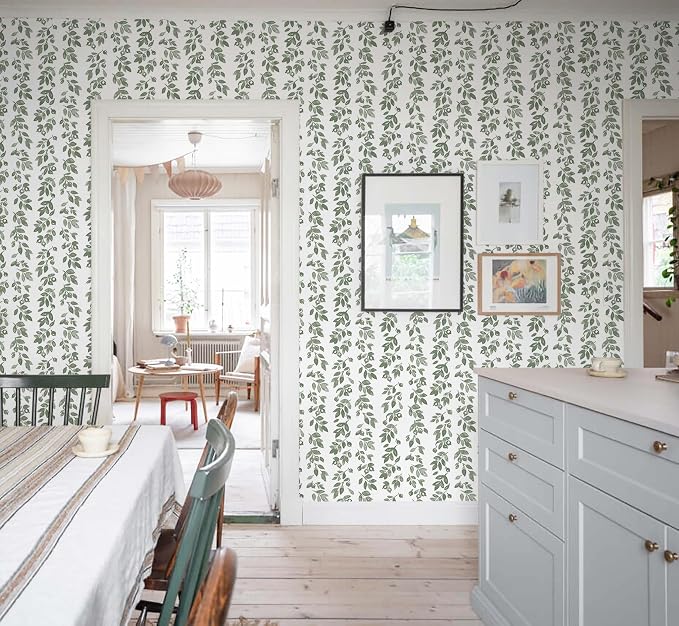 Heroad 17.3''x196'' Green Wallpaper Vintage Peel and Stick Wallpaper Leaf Contact Paper Cottage Core Wall Paper Self Adhesive Removable Wallpaper for Bathroom Bedroom Kitchen Watercolor Decor Vinyl - Image 9