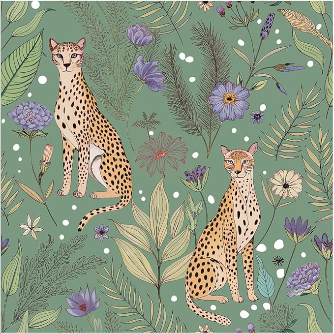 Floralplus Cheetah Peel and Stick Wallpaper Sage Green Wallpaper | Renter Friendly Wallpapers for Bathroom Jungle Leopard Textured Removable Contact Paper for Kitchen Bedroom 17.5 x 118 in by Floralplus
