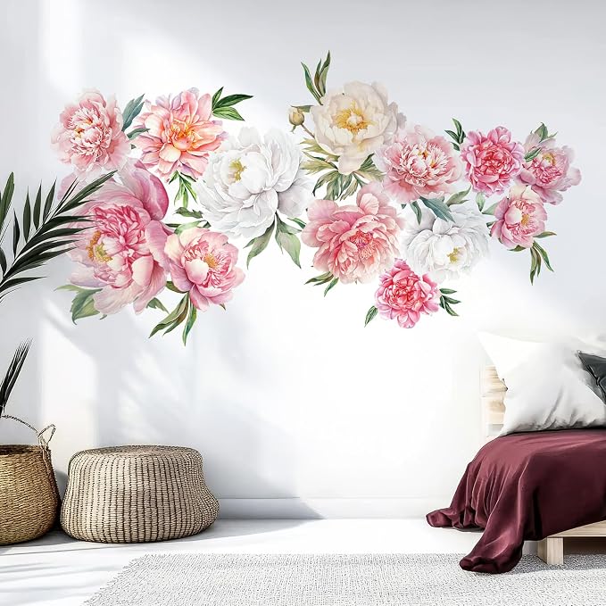Zonon 6 Pcs Flower Wall Decals Peel and Stick Sticker, Colorful Peony | Vinyl Removable Wall Stickers & Murals, Watercolor Pink Peony Wall Decals, Colorful Floral Decor for Bedroom, Living Room - Image 3