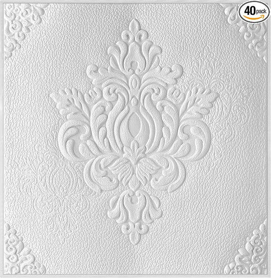 Nuanchu 40 Pcs 13.8 x 13.8 Inch Ceiling Tiles Peel and Stick, Retro | Foam White 3D Wall Panels 26-105.5 Sq. ft Adhesive Glue up Waterproof Wallpaper for DIY Office Home by Nuanchu