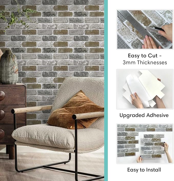 Commomy Faux Brick Peel and Stick Wall Panels 10 pcs 11.8" x 11.8" | Small Size Thin PVC Retro Brick Wallpaper Tile Backsplash for Kitchen,Bedroom,Living Room,Interior Decor(Covers 9.7 sq.ft) - Image 6