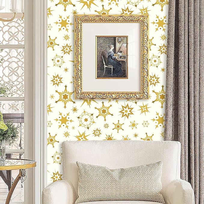 Gold and White Peel and Stick Wallpaper Retro Atomic Star Wallpapers Modern Self Adhesive Contact Paper Removable Mid Century Starburst Wall Art Mural Vinyl Film for Cabinet Drawer Bedroom Living Room - Image 9