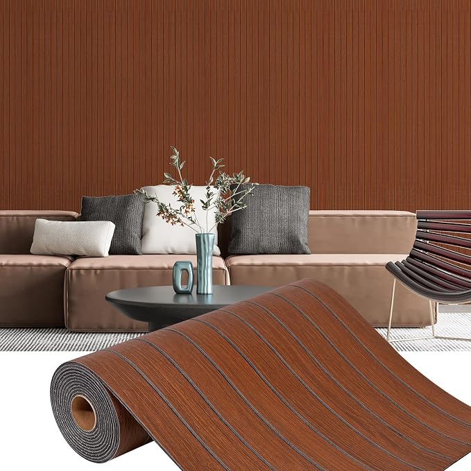 3D Faux Wood Slat Wall Panel – Peel and Stick Self Adhesive Soundproof Foam Board for Interior Wall, Ceiling, Home Theater Decor Faux Walnut 15.7"x118" by Horryhaushomedecoration