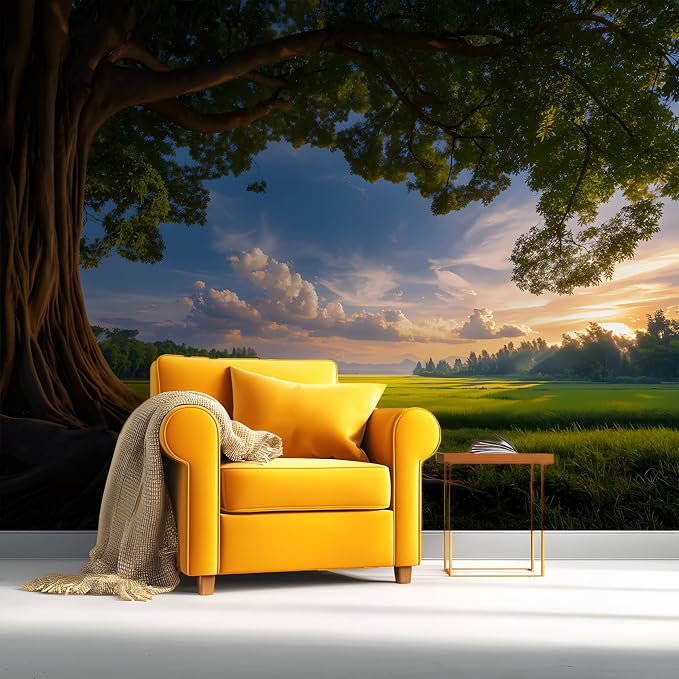 ASJ Forest Peel and Stick Wallpaper Mural, Ancient Tree Sunlit Landscape | Sunlit forest tree meadow scene, seamless match, easy DIY, premium fabric, removable, 157x98 in, bedroom living room decor by ASJWallpaper%EF%BC%86Murals