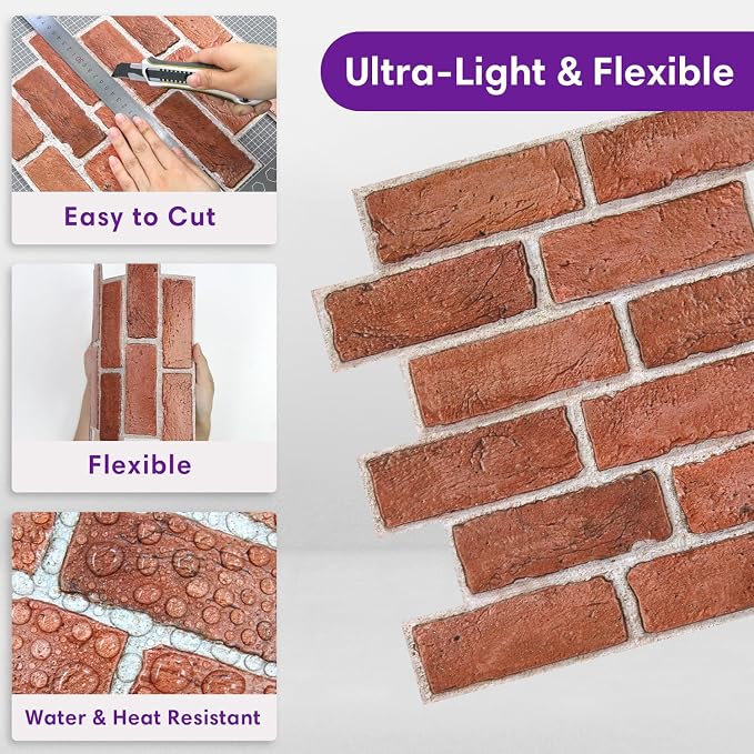 3D Peel and Stick Faux Brick Wall Panels 11.8" x 11.8" 10-Pack | Orange, Small Brick-Look Textured Sticker, Thin Lightweight PVC Self Adhesive Wall Tiles for Interior Decor, Cover 9.7 sq ft - Image 8