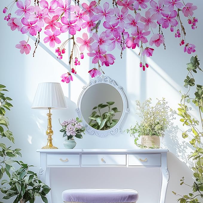 Cherry Blossom Flowers Wall Decals Peel and Stick, Large Floral Vinyl Wall Stickers, Removable Vine Home Decor Art for Bedroom Living Room Classroom Office - Image 8