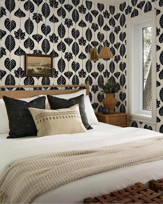 Dimoon Modern Peel and Stick Wallpaper Black and Cream Leaf Contact Paper Botanical Wallpaper Vintage Renter Friendly Removable Geometric Wall Paper for Bedroom Kitchen Textured 17.3''x78.7'' - Image 3