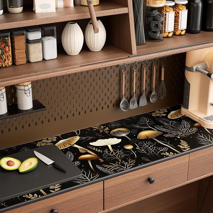 Laatse Dark Mushroom Wallpaper Peel and Stick 17.5" x 787",Black Gold | Self Adhesive/Removable/Waterproof/Thick Vinyl Extra Long Contact Paper for Bathroom Bedroom Shelf Cabinet Drawer,Prepasted - Image 5