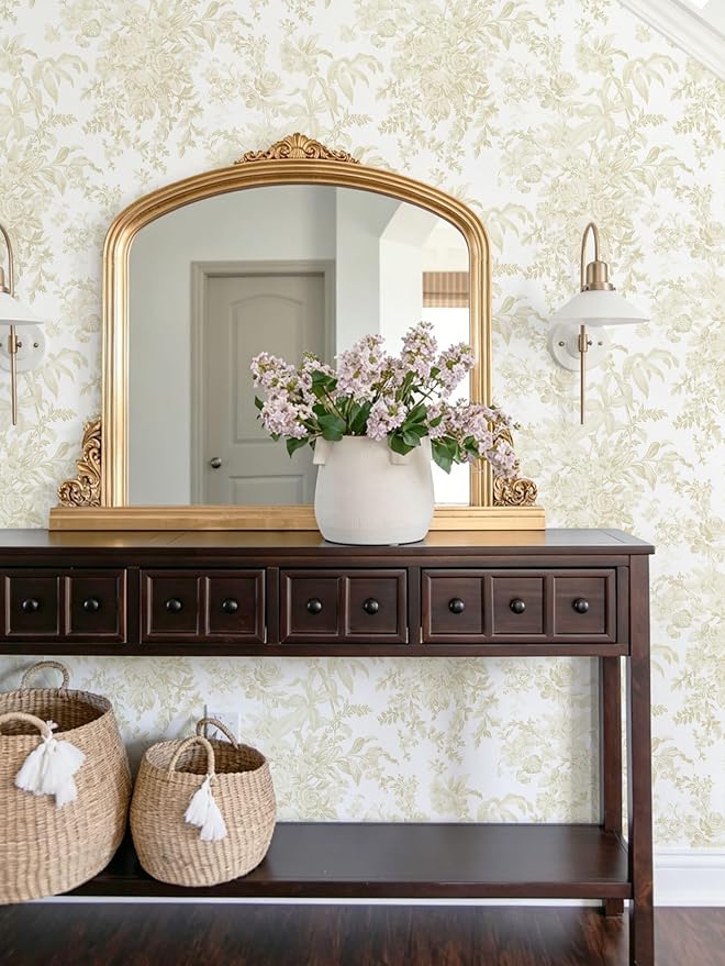 Heraod Floral Peel and Stick Wallpaper Boho Beige Contact Paper Toile Leaf Wall Paper Removable Self Adhesive Stick on Wallpaper for Nursery Bathroom Bedroom Renter Friendly Vinyl Roll 17.3''X196'' - Image 5