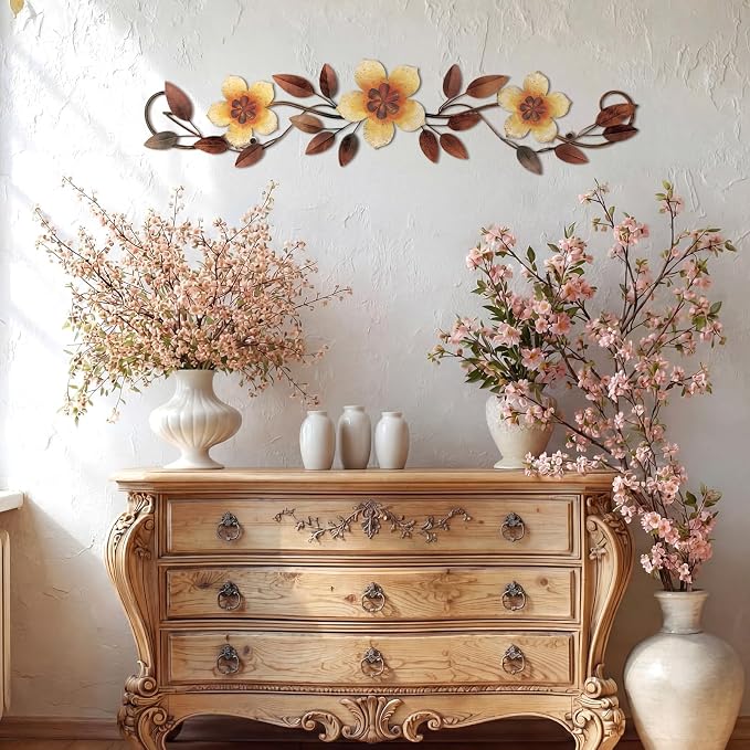 Wesiti Metal Flower Wall Decor Wrought Iron Scroll 15.7x3.7,Yellow | Vintage Metal Flower decor,Farmhouse Leaf Art with Nails, Flat Not 3D Design, For Bedroom Kitchen Indoor Outdoor Wall Decor - Image 4