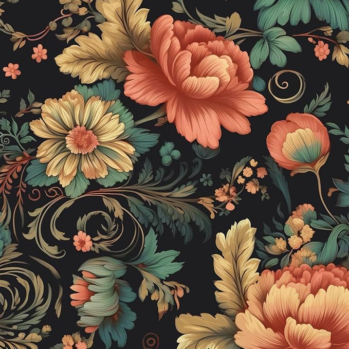 BOKEBEVE Floral Wallpaper Peel and Stick Vintage Black Orange 17.5 x 118In | Removable Self Adhesive Renter Friendly Boho Leaf Wall Paper for Bedroom Bathroom Living Room Feature Accent Wall by BOKEBEVE