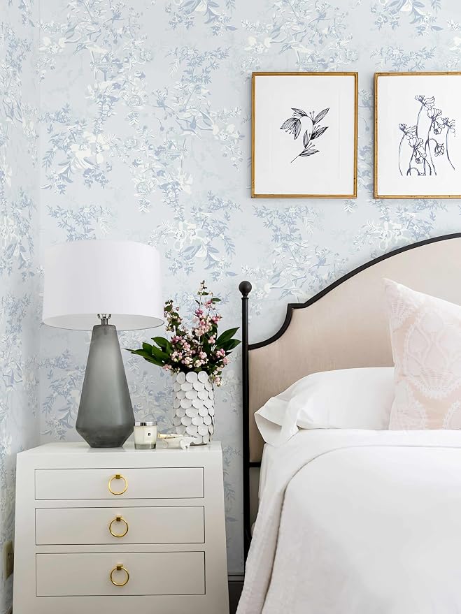Dimoon Blue Peel and Stick Wallpaper Floral Vintage Wallpaper French Country Renter Friendly Contact Paper Bathroom Kitchen Removable Boho Stick on Wall Paper Vinyl Roll 17.3''x78.7 - Image 7
