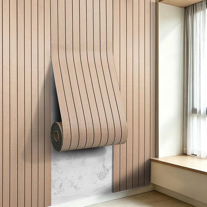 3D Peel and Stick Wall Panels PVC Grille Slat 394"x15.8" Self-Adhesive Wall Sticker Soundproof Paneling for Walls and Ceiling in Faux Oak Wood Grain Texture by LOVADA