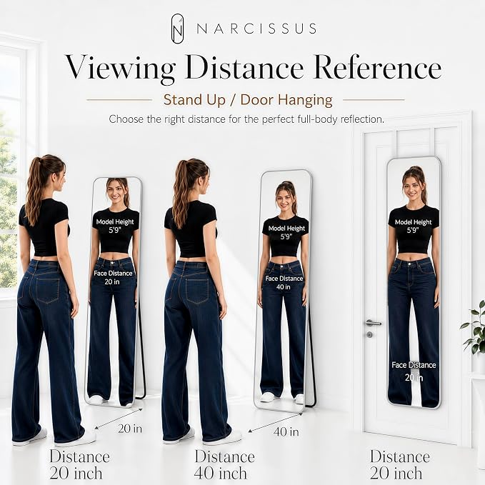 NARCISSUS Full Length Mirror 57x16 Inch, Over The Door Mirror with Stand, Wall Mounted or Freestanding/Door Hanging Full Body, Aluminum Alloy Frame, Silver - Image 6