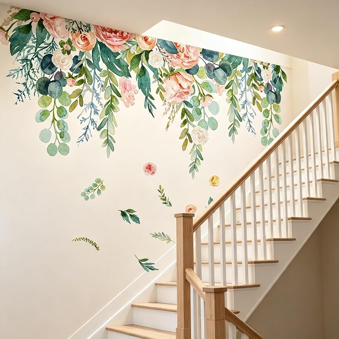 Hanging Floral Flower Wall Decals, Hanging Rose Eucalyptus Wall Stickers | Boho watercolor blush pink rose peel and stick wall decor, removable vinyl wall art mural for bedroom living room - Image 5