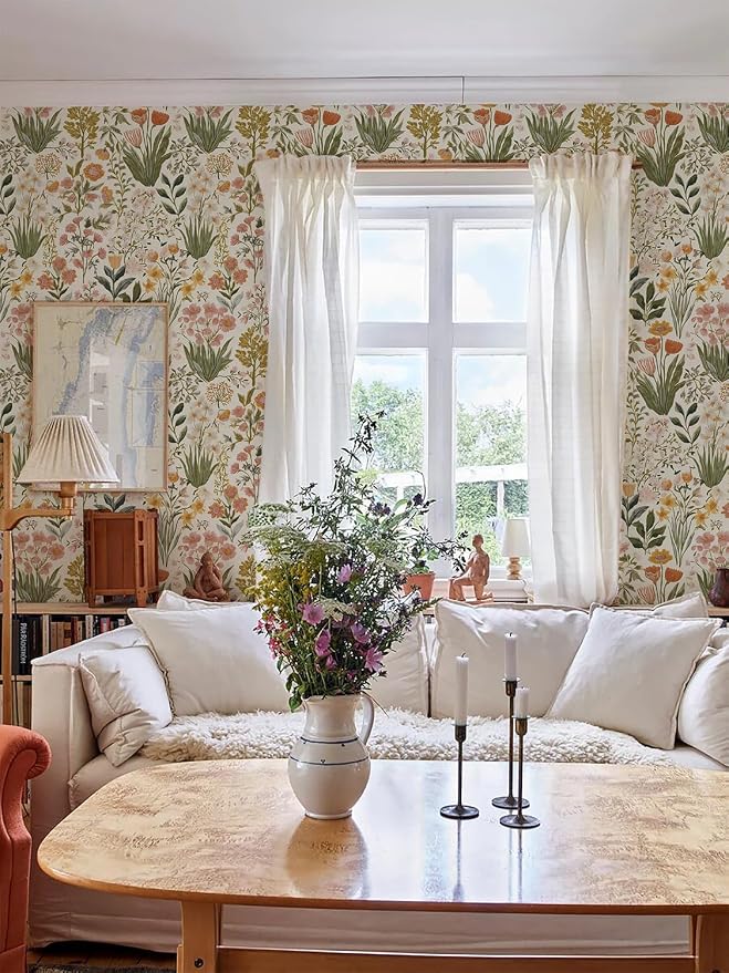 Orainege Floral Peel and Stick Wallpaper Boho Floral Contact Paper | 16.9in x118.1in Vintage Flower Wallpaper Peel and Stick Self Adhesive Flower Contact Paper Botanical Decor for Bedroom Vinyl - Image 2