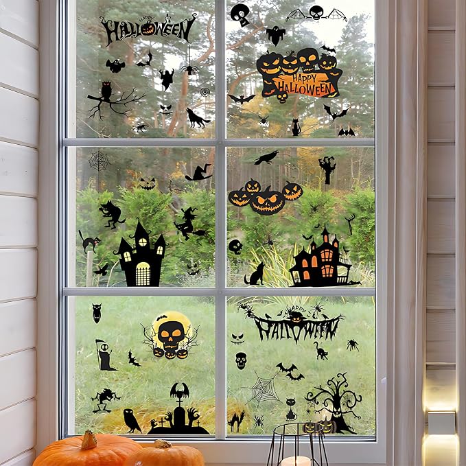 Halloween Wall Decals Stickers, Black Haunted Castle Pumpkin Skeleton Window Clings, Removable Spooky Spider Web Witch Silhouette Wall Stickers for Party Home Decor - Image 6