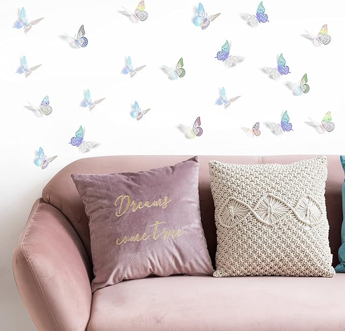 SAOROPEB 3D Butterfly Wall Decor, 72 Pcs 3 Styles 3 Sizes, Removable Metallic Wall Sticker Room Mural Decals for Kids Bedroom Nursery Classroom Party Decoration Wedding Decor DIY Gift (Laser) | 3 Styles 3 Sizes, Removable Metallic Wall Sticker Room Mur... - Image 4