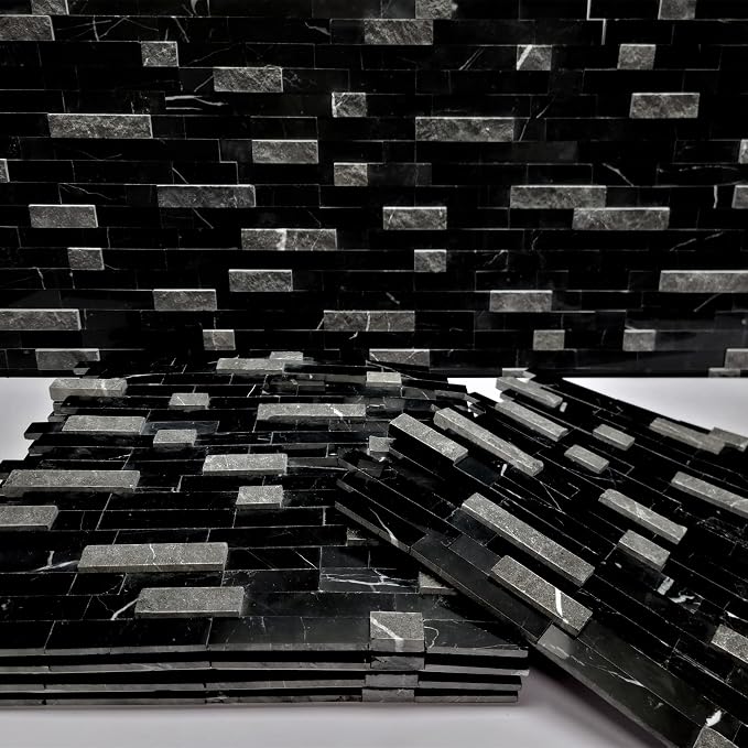 SUNWINGS 5-Sheet Peel and Stick Mosaic Natural 3D Stone Self Adhesive Marble Tiles, 11.5" x 10.7" Stick on Backsplash for Kitchen Bathroom Fireplace Vanity, Mixed Black - Image 3