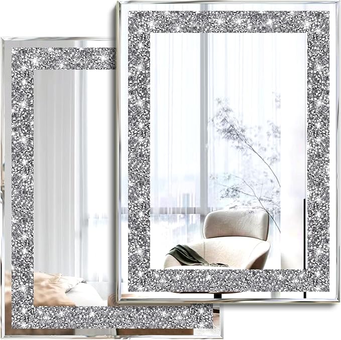2 Piece Wall Mirrors, Crush Diamond Wall Décor Silver Decorative Mirrors for Living Room , Bedroom, Bathroom. (11”x15”) by XIHACTY