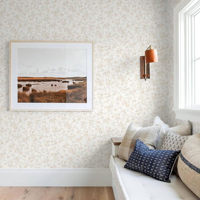 Peel and Stick Wallpaper for Nursery Beige Cherry Blossom Waterproof | 78.7"×17.3" Neutral Floral Watercolor Wallpaper Gentle Accent Wall Decor with Grid Lines for Bedroom Vinyl Self-adhesive - Image 7