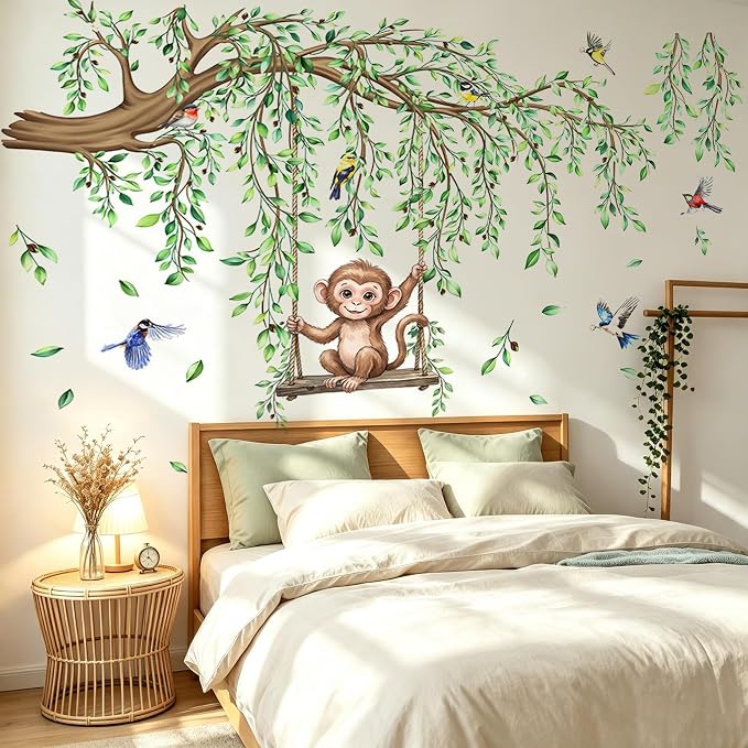 Large Tree Branch Wall Decal Green Leaf Vine Monkey DIY Home Decor Sticker - Image 2