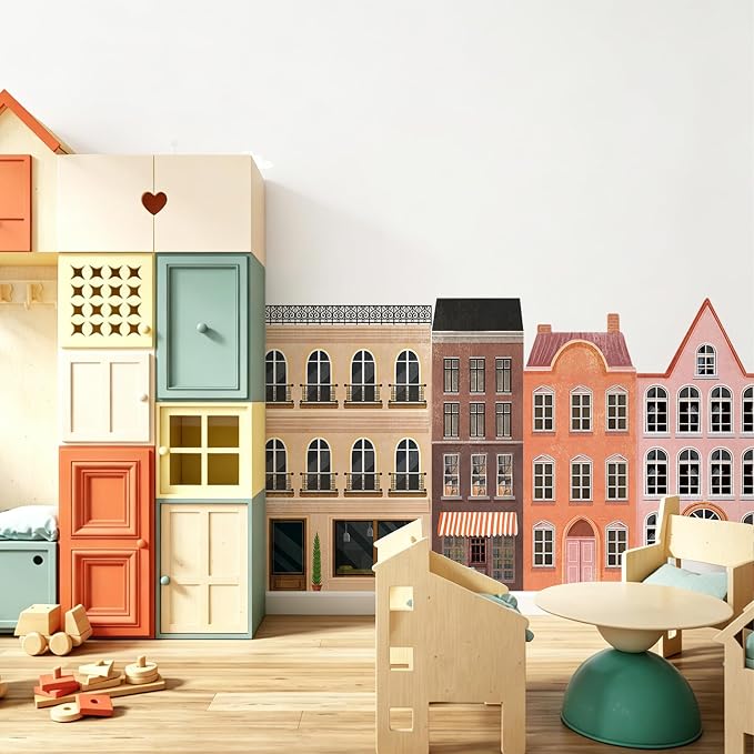 Watercolor Towns Village Wall Decal, Peel and Stick Nursery Mural Wall Stickers for Kids, Boys and Girls Room, Bedroom & Toddler Room Decor - Image 5