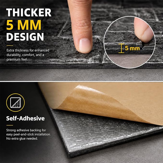 3D Wall Panels Peel and Stick Faux Foam Brick Wallpaper Covering | Rock Black 40 PCS 11.8"×11.8" Self Adhesive Stone Wall Tiles for DIY Interior Wall Decor - Image 5