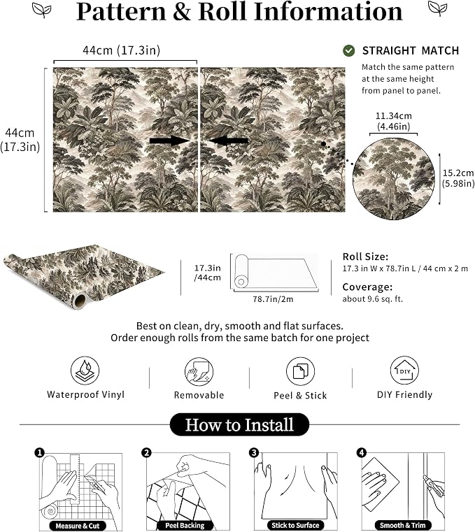 HAOKHOME Vintage Peel and Stick Wallpaper Forest Toile Green for Bathroom | Self Adhesive Removable Landscape Botanical Jungle Wall Paper Textured for Bedroom Accent Wall Contact Paper 17.3in x 6.6ft - Image 7