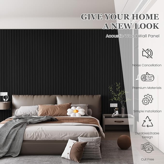 2 Pack Wood Salt Acoustic Wall Panels 94" x 23.6" x 0.8", Matte Black | 3D Fluted Soundproof Wooden Wall Panel, Sound-absorbing Wall Decor for Home Theater Studio Office Bedroom - Image 2