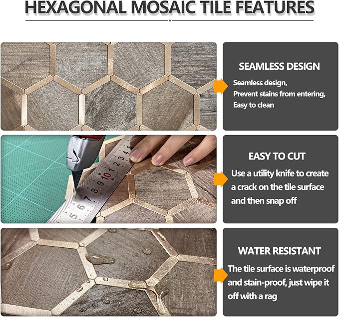 STICKGOO Hexagon Peel and Stick Backsplash Tile, Stick on Backsplash for Kitchen and Bathroom, Wood Texture PVC Mixed Metal Gold Self Adhesive Wall Tiles(10 Sheets, Seamless) - Image 4