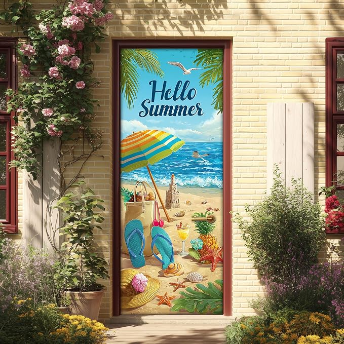 HOMETITUTE Summer Wave Umbrella Beach Path Peel Stick Door 30.3x78.7 PVC | Wall Cover Poster Decals Removable Wallpaper Self Adhesive Livingroom Bedroom - Hello Summer by HOMETITUTE