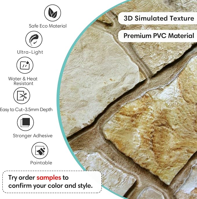 Commomy Peel and Stick Faux Stone 3D Wall Panels 12 pcs of 22.8" x 11.8" | Thin & UrltraLight PVC Rock Wall Covering for Bedroom,Living Room,Home Office Interior Home Wall Decor(Covers 22.48 sq.ft) - Image 3