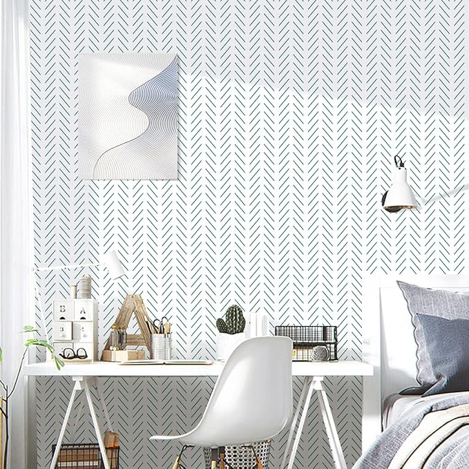 Erfoni Peel and Stick Wallpaper Green Herringbone Wallpaper for Bathroom | 17.7in x 393.7in Modern Geometric Removable Contact Paper Green and White Line Peel Stick Self Adhesive Wallpaper for Walls - Image 2