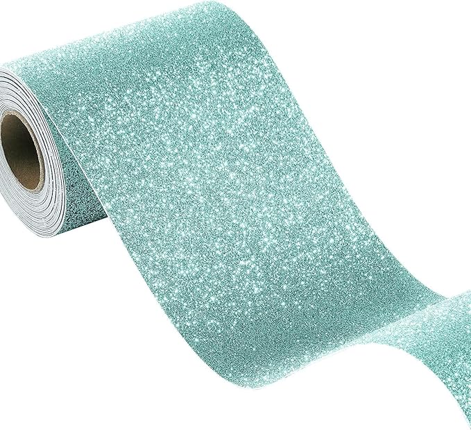 FunStick 3.9"x472" Light Teal Glitter Wallpaper Border Glitter Wallpaper Stick and Peel Waterproof Teal Contact Paper Peel and Stick Wall Paper Border Sticker for Bedroom Bathroom Walls Bulletin Board by FunStick