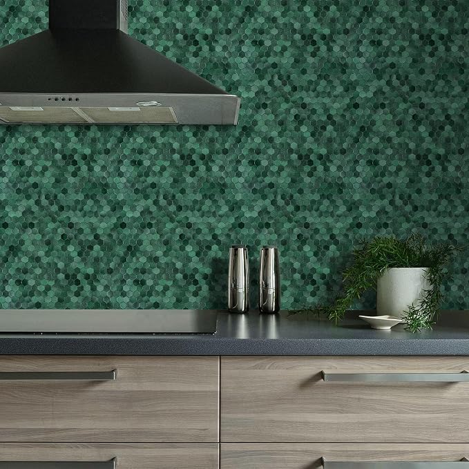 Select 5 Pack Hexagon Peel and Stick Backsplash Tiles, Hunter Green | Self Adhesive Metal Backsplash Stick On Aluminum Tiles for Kitchen Bathroom, 12” x 12” Wall Tiles w/10 Edge Pieces - Image 8