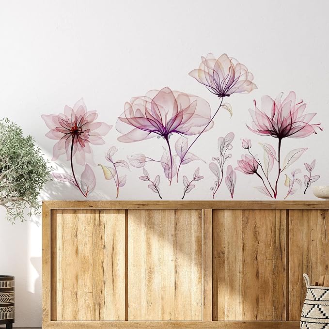 Zonon 6 Pcs Flower Wall Decals Peel and Stick Sticker, Pink Flower | Vinyl Removable Wall Stickers & Murals, Watercolor Wall Decals, Pink Flower Decor for Bedroom, Living Room, Nursery - Image 3