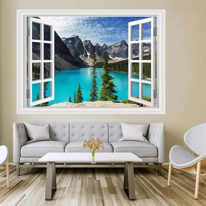 Large Murals Fake Window Wall Decal Summer Mountains Lake View Open Sticker | Faux Window Natural Scenery Landscape Mural｜ Stick and Peel Wall Decals｜for Room Bedroom Office Decor｜66"x48" - Image 8