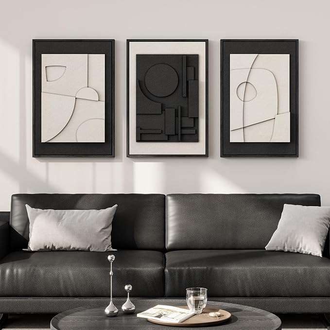3D Textured Framed Black and White Abstract Wall Art Set of 3, 16x24 In | Solid wood frames, raised circles lines and blocks, modern minimalist wall decor for bedroom living room and dining room - Image 2