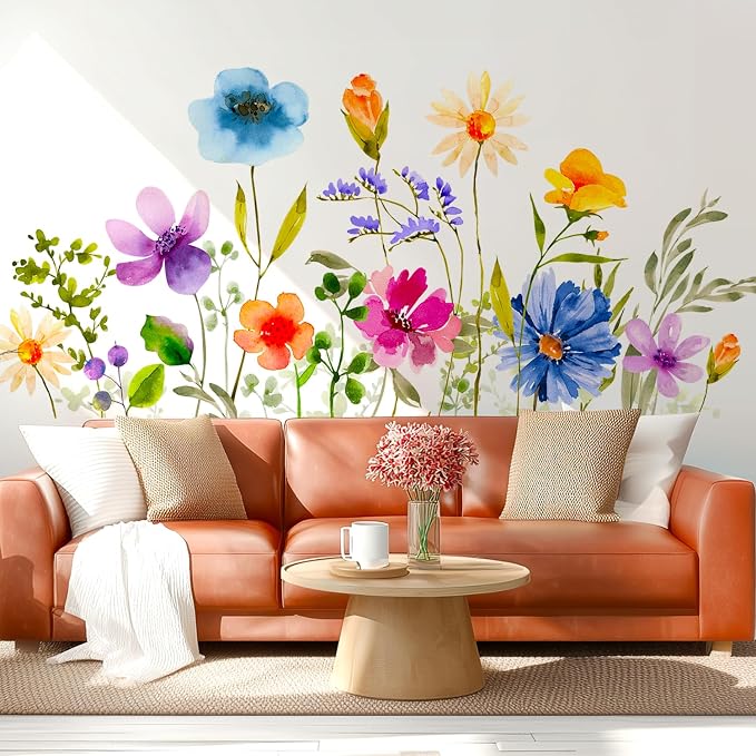 Watercolor Floral Flower Peel and Stick Wall Decals Decor Stickers Art | Colorful botanical wildflower removable vinyl wall art mural DIY kome decoration for bedroom living room nursery girls room - Image 3