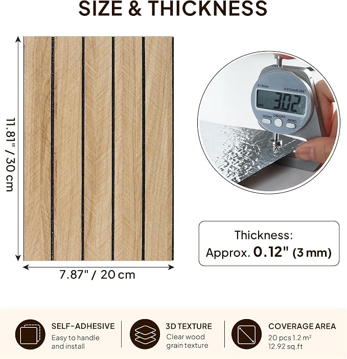 Peel and Stick Wood Wall Panels, 20 Pack, 3D Textured Faux Wood Grain | 11.8 x 7.9 in, 3mm Thick Self Adhesive Panels for Bedroom, Living Room, and Accent Wall Decor - Image 2