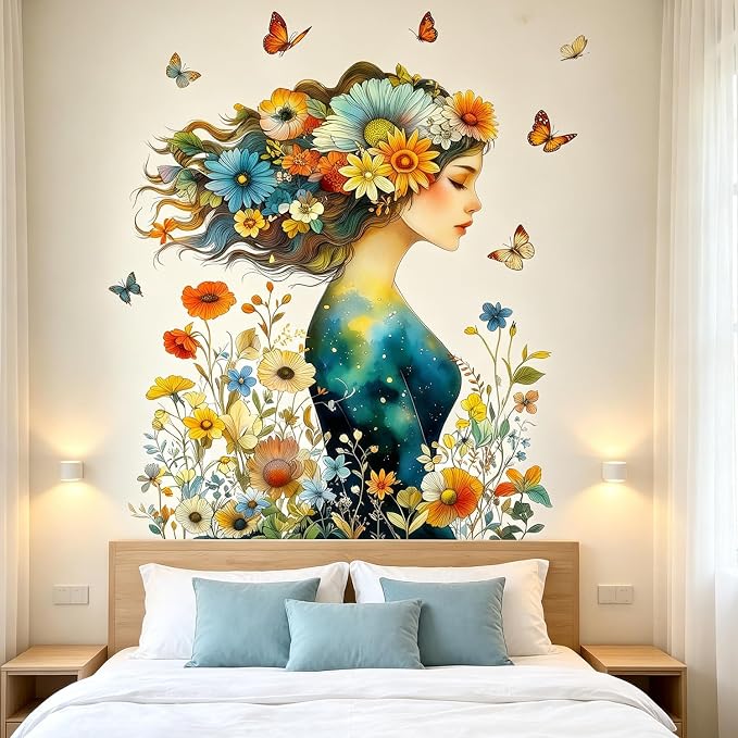 Woman Floral Flower Wall Decals, Boho Botanical Butterfly Wall Stickers | Whimsical botanical colorful butterflies peel and stick wall decor, removable vinyl wall art mural for bedroom living room - Image 6