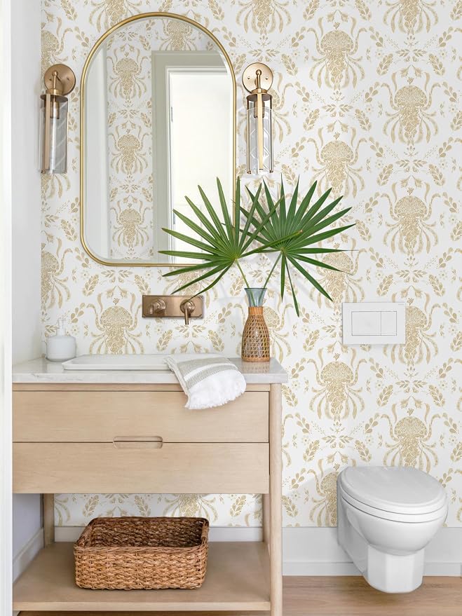 Dimoon Beige Peel and Stick Wallpaper Coastal Contact Paper Bathroom Ocean Wallpaper Boho Jellyfish Renter Friendly Waterproof for Cabinet Kitchen Bedroom Vinyl 17.3''x394'' - Image 3