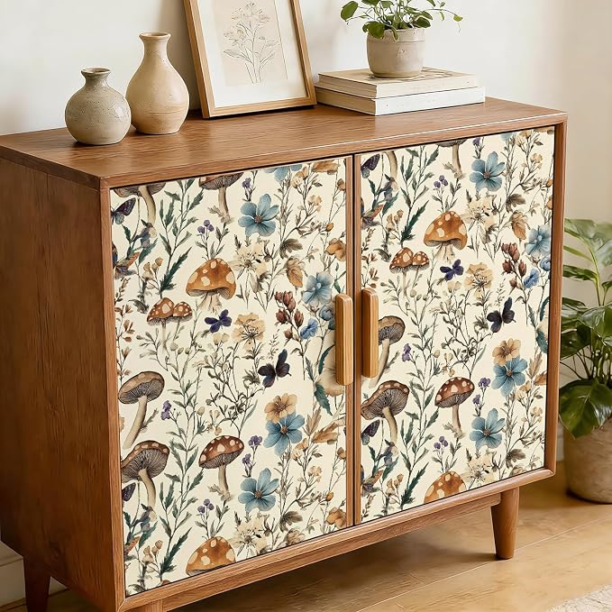 Froluya Mushroom Wallpaper Peel and Stick Vintage Floral 16.9" x 590.5" | Boho Floral Contact Paper Peel and Stick Mushroom Forest Self Adhesive Removable Wall Paper for Bathroom Cabinets Liner Vinyl - Image 4