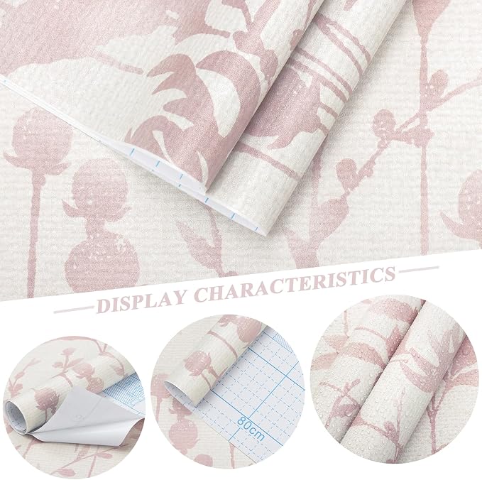 HeloHo Peel and Stick Wallpaper Pink Floral Leaf Wall Paper Self Adhesive Removable Waterproof Contact Paper for Living Room Bedroom Decor 16.1" X 196.8" - Image 5