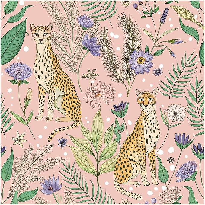 Floralplus Pink Leopard Wallpaper Floral Peel and Stick Wallpaper | Renter Friendly Removable Jungle Animal Wallpapers for Bedroom Stick On Floral Contact Paper for Nursery 17.5 x 118 in by Floralplus