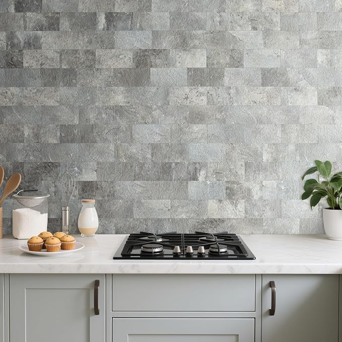 AULIGET 100 Piece Mountain Rock Peel and Stick Backsplash Wall Tiles, 3" x 6" PVC Faux Stone Stick on Tiles for Backsplash Kitchen, Bathroom, Laundry Room, Camper, Fireplace - Image 2