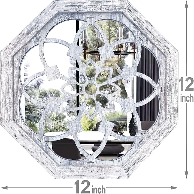 ZOLAPI 2 PCS Octagon Wall-Mounted Mirrors,Vintage Farmhouse Mirror for Wall Decor,Rustic White Color Decorative Accent Mirror for Foyer, Bathroom, Bedroom. (12”x12”) - Image 7